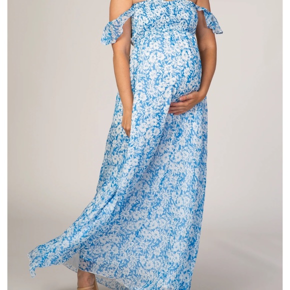 Blue Floral Flutter Sleeve Maternity Maxi Dress - Picture 1 of 4